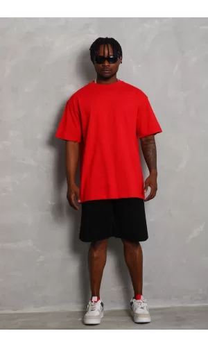 Luz&Pos Unisex Oversize Düz Bisiklet Yaka T-shirt - Kırmızı
