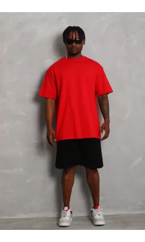Unisex Oversize Düz Bisiklet Yaka T-Shirt - Kırmızı