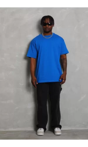 Unisex Oversize Düz Bisiklet Yaka T-Shirt - Mavi