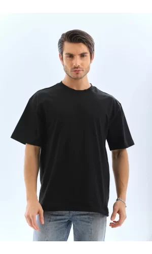Unisex Oversize Düz Bisiklet Yaka T-Shirt - Siyah