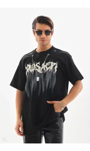 Unisex Oversize Kolye Dahil T-Shirt - Siyah