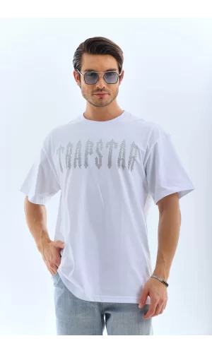 Luz&Pos Unisex Oversize Taşlı Bisiklet Yaka T-shirt - Beyaz