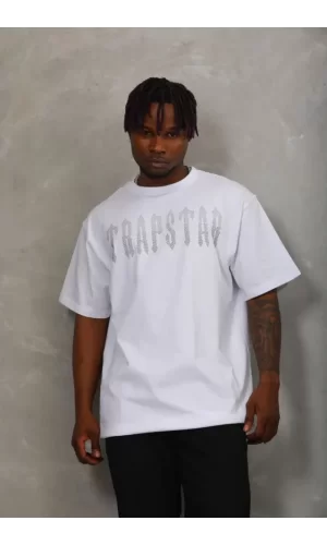 Unisex Oversize Taşlı Bisiklet Yaka T-Shirt - Beyaz