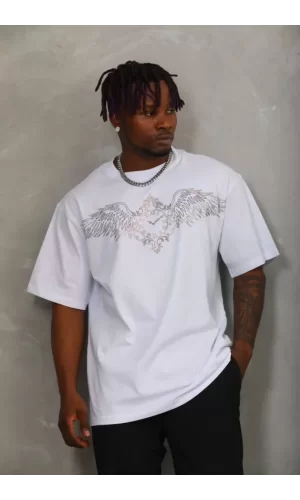 Unisex Oversize Taşlı Bisiklet Yaka T-Shirt - Beyaz