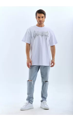 Luz&Pos Unisex Oversize Taşlı Bisiklet Yaka T-shirt - Beyaz