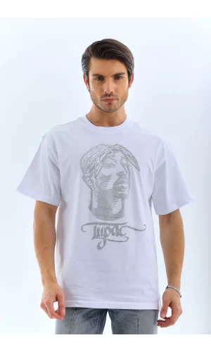 Luz&Pos Unisex Oversize Taşlı Bisiklet Yaka T-shirt - Beyaz