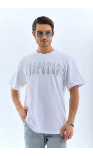 Unisex Oversize Taşlı Bisiklet Yaka T-Shirt - Beyaz