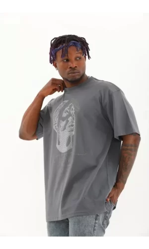 Unisex Oversize Taşlı Bisiklet Yaka T-Shirt - Füme