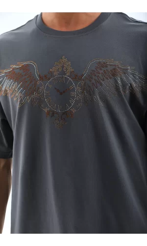 Luz&Pos Unisex Oversize Taşlı Bisiklet Yaka T-shirt - Füme
