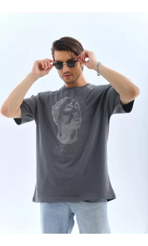 Unisex Oversize Taşlı Bisiklet Yaka T-Shirt - Füme