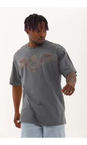 Luz&Pos Unisex Oversize Taşlı Bisiklet Yaka T-shirt - Füme