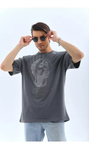 Luz&Pos Unisex Oversize Taşlı Bisiklet Yaka T-shirt - Füme