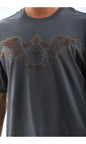 Unisex Oversize Taşlı Bisiklet Yaka T-Shirt - Füme