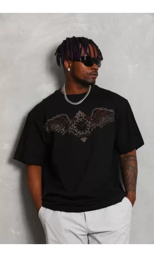 Luz&Pos Unisex Oversize Taşlı Bisiklet Yaka T-shirt - Siyah
