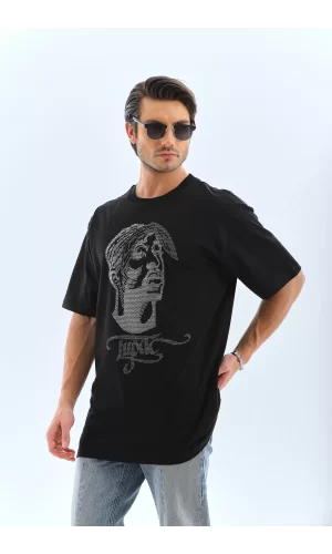 Luz&Pos Unisex Oversize Taşlı Bisiklet Yaka T-shirt - Siyah