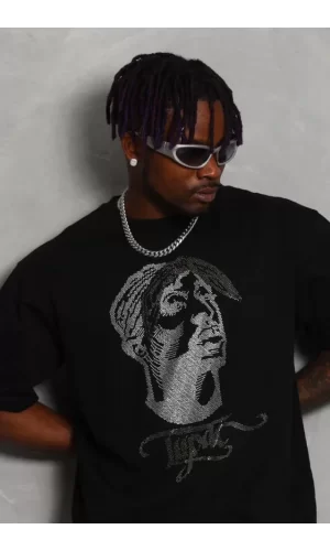 Unisex Oversize Taşlı Bisiklet Yaka T-Shirt - Siyah
