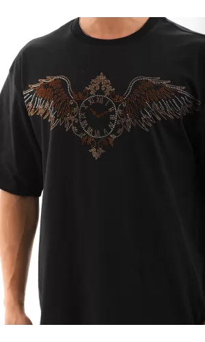 Luz&Pos Unisex Oversize Taşlı Bisiklet Yaka T-shirt - Siyah