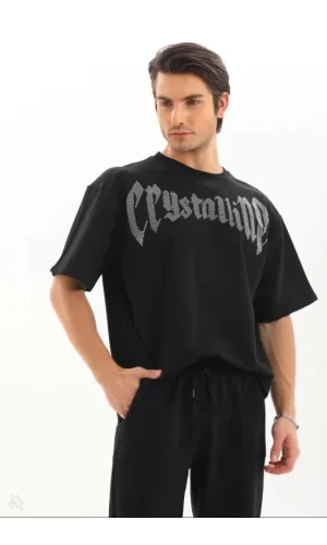 Unisex Oversize Taşlı T-Shirt - Siyah