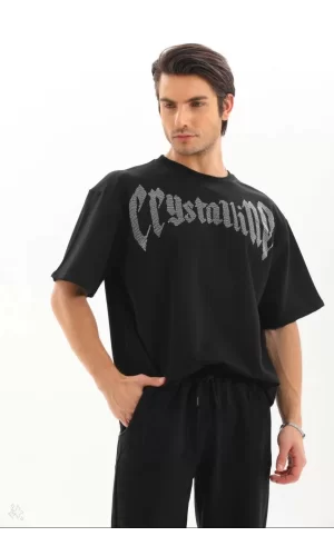 Luz&Pos Unisex Oversize Taşlı T-shirt - Siyah