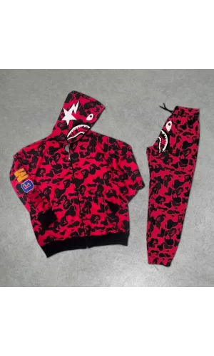Unisex Pubg Bape X Shark Eşofman Takımı - Kırmızı