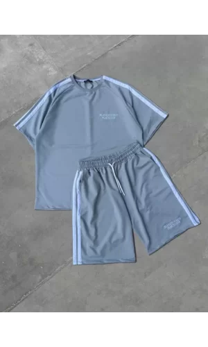 Unisex Şeritli Baskılı Şortlu Takım - Boyalı Gri