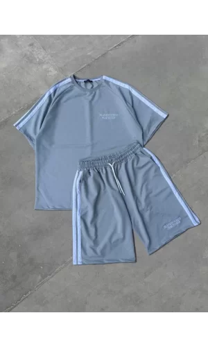 Luz&Pos Unisex Şeritli Baskılı Şortlu Takım - Boyalı Gri