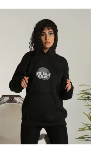 Luz&Pos Unisex Sırt Baskılı Kapüşonlu Üç İplik Oversize Sweatshirt - Siyah