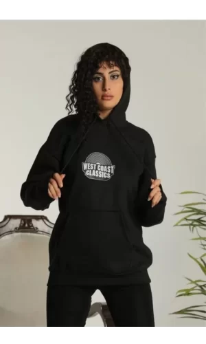 Unisex Sırt Baskılı Kapüşonlu Üç İplik Oversize Sweatshirt - Siyah
