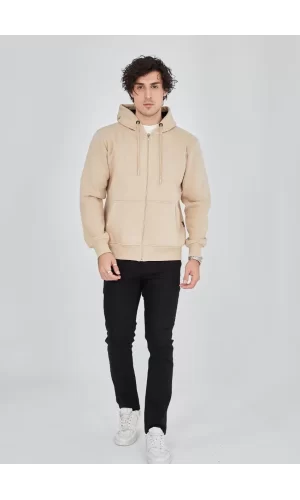 Luz&Pos Unisex Tam Fermuarlı Kapşonlu  Sweatshirt - Bej