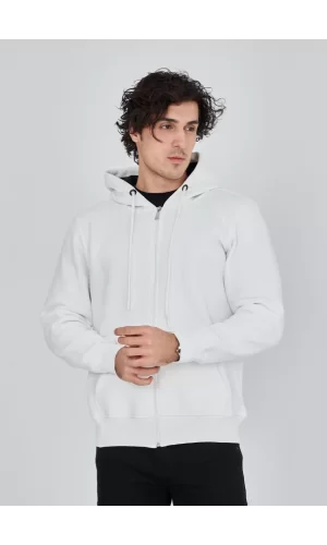 Luz&Pos Unisex Tam Fermuarlı Kapşonlu  Sweatshirt - Beyaz