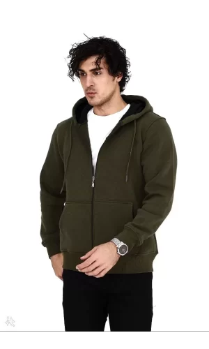 Luz&Pos Unisex Tam Fermuarlı Kapşonlu  Sweatshirt - Haki