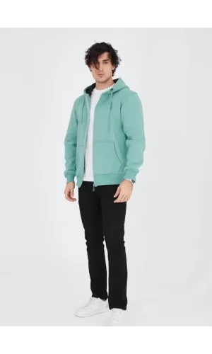 Unisex Tam Fermuarlı Kapşonlu  SweatShirt - Mint Yeşili