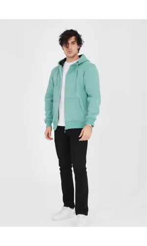 Luz&Pos Unisex Tam Fermuarlı Kapşonlu  Hırka - Mint Yeşili