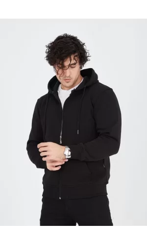 Luz&Pos Unisex Tam Fermuarlı Kapşonlu  Sweatshirt - Siyah