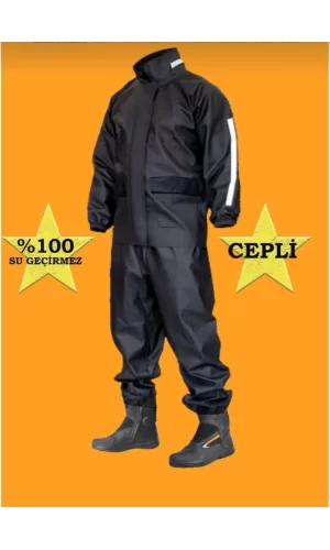 Unisex Tam Kalıp Motorcu Cepli Kurye Su Gecirmez Yağmurluk Takım - Siyah