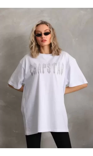 Unisex Taş Desenli Oversize T-Shirt - Beyaz