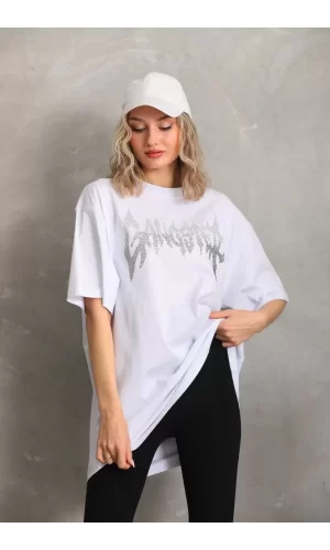 Luz&Pos Unisex Taş Desenli Oversize T-shirt - Beyaz