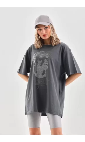 Luz&Pos Unisex Taş Desenli Oversize T-shirt - Füme