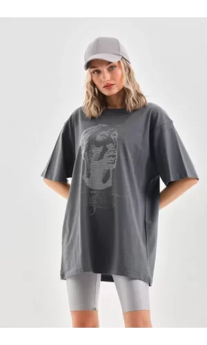 Unisex Taş Desenli Oversize T-Shirt - Füme