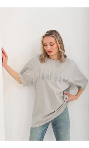 Unisex Taş Desenli Oversize T-Shirt - Gri