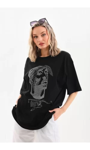 Luz&Pos Unisex Taş Desenli Oversize T-shirt - Siyah