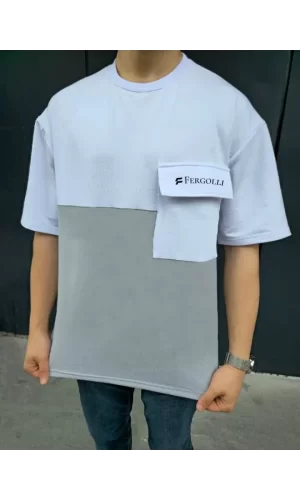 Unisex Torba Cep Detaylı  Parçalı T-Shirt - Gri