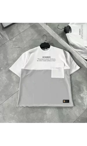 Unisex Torba Cep Detaylı  Parçalı T-Shirt - Gri