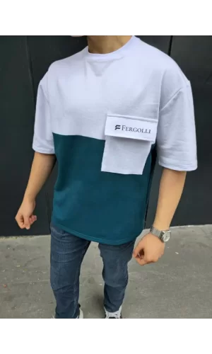 Unisex Torba Cep Detaylı  Parçalı T-Shirt - Lacivert