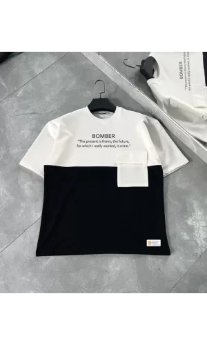 Unisex Torba Cep Detaylı  Parçalı T-Shirt - Siyah