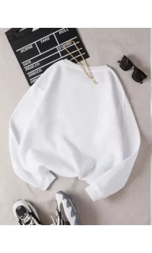 Luz&Pos Unisex Üç İplik Biskilet Yaka Sweatshirt - Beyaz