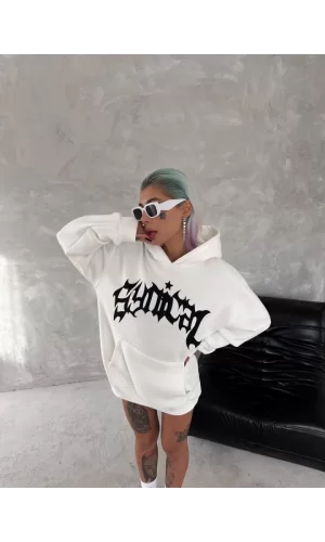 Unisex Üç İplik Kapşonlu Baskılı SweatShirt - Beyaz