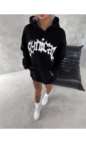 Unisex Üç İplik Kapşonlu Baskılı SweatShirt - Siyah