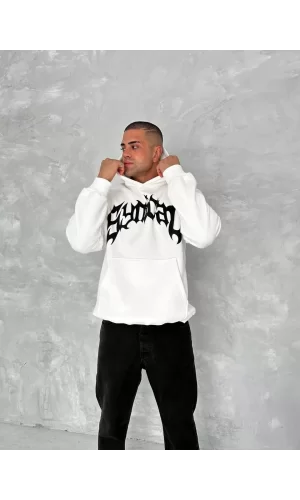 Luz&Pos Unisex Üç İplik Kapüşonlu Baskılı Sweatshirt - Beyaz