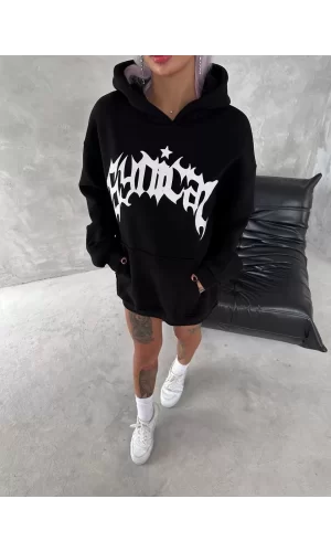 Luz&Pos Unisex Üç İplik Kapüşonlu Baskılı Sweatshirt - Siyah